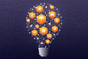 InsurTech - InsureTech - Innovation and Emerging Technologies in the Insurance Industry - Conceptual Illustration with Digital Light Bulb and Insurance-related Icons