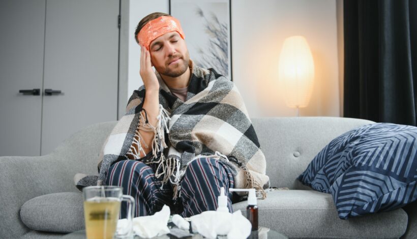 Young man suffering from cold at his home. Shot of a young man sitting on his bed while feeling unwell at home. Trying to stay warm. Sick man.